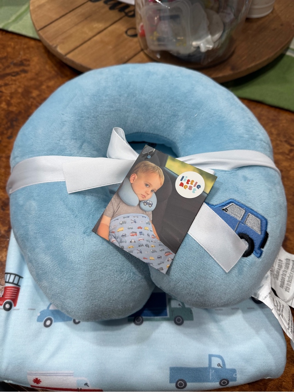 Little Me Light Blue Plush Travel Neck Pillow with Car Embroidery